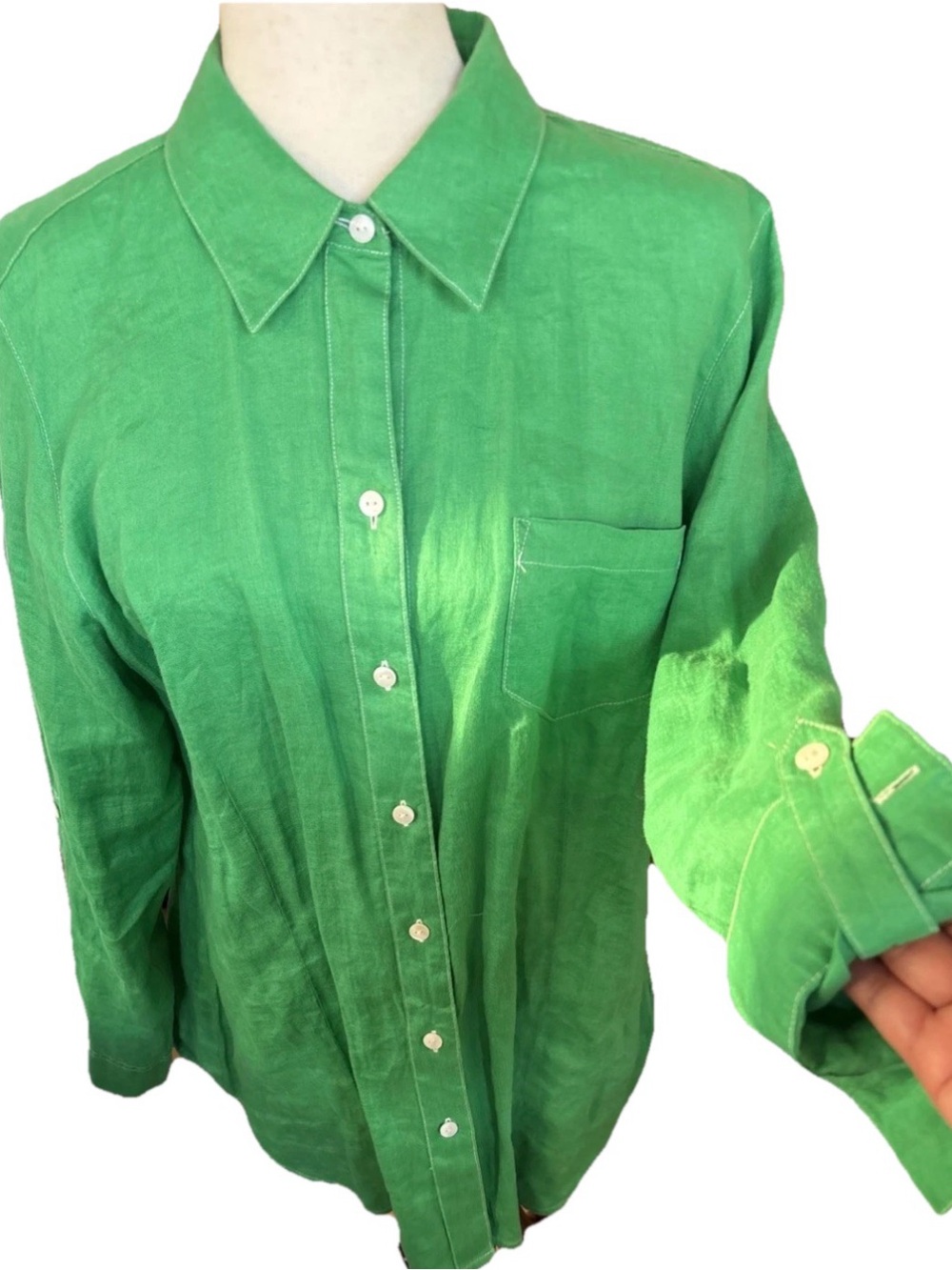 Foxcroft Kelly Green 100% Linen Button Down Shirt Lagenlook Coastal Casual 14/L